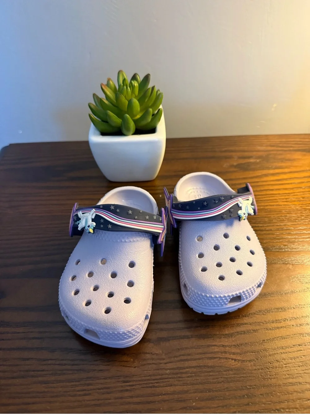 CROCS Kids Classic Clog in Lavender with Navy Strap and Unicorn Charm